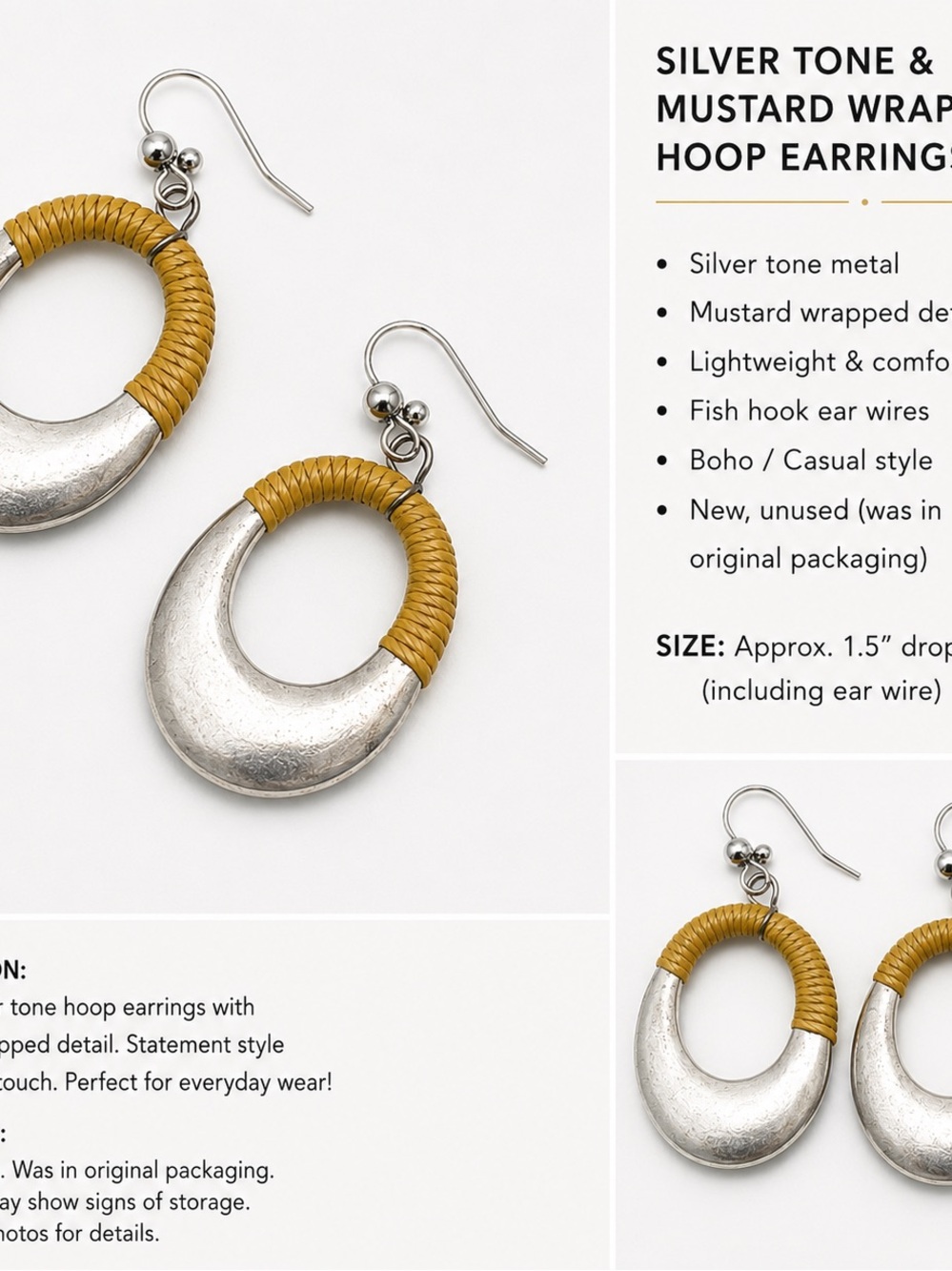 Silver Tone & Mustard Wrapped Hoop Earrings Boho Statement